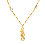 7.6*18mm sea horse pendant with double round diamonds, 0.4 cross chain, 45+5cm+6mm round tail tag, necklace, gold
