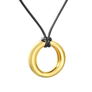 35mm irregular hollow circular pendant with wax thread,45+5cm+6mm round tail label, necklace, steel color