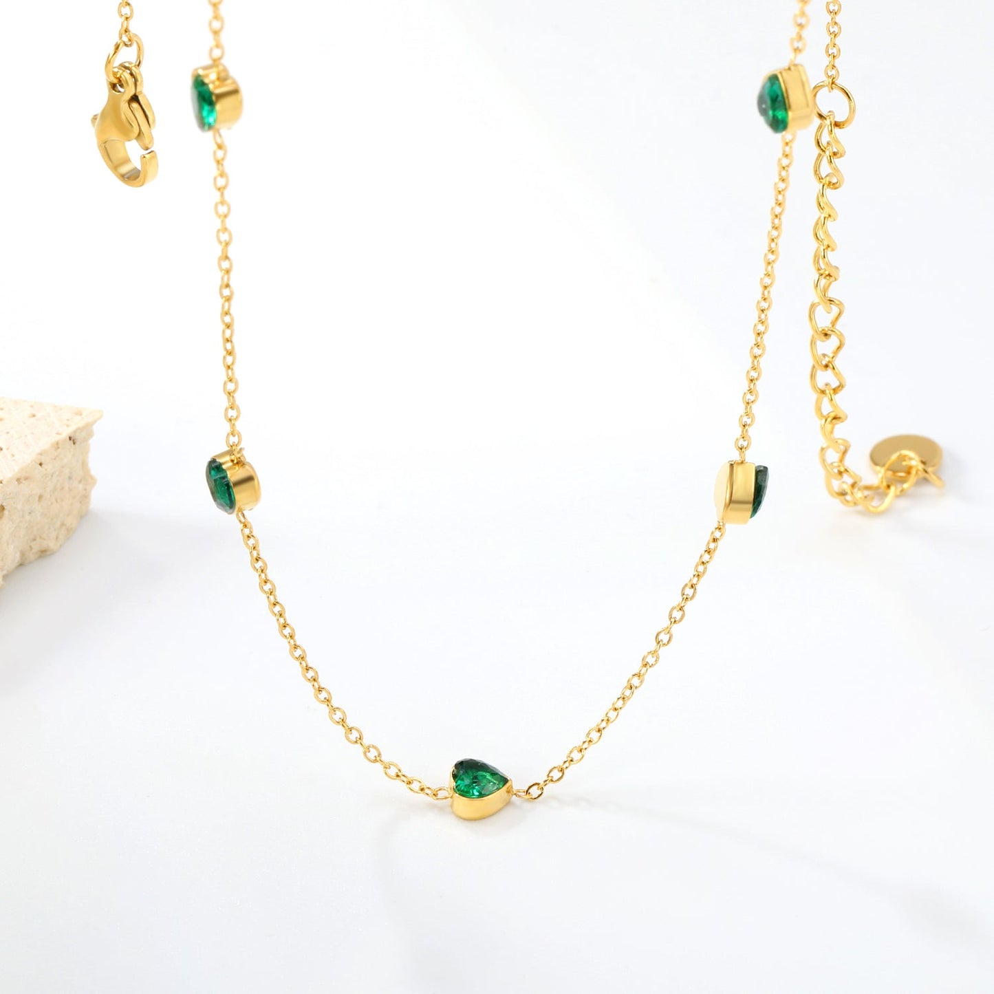 4.8mm Heart Emerald Zirconia Accessories 0.3 Cross Chain*40+5cm+6mm Round Plaque Necklace Gold asonjewelry