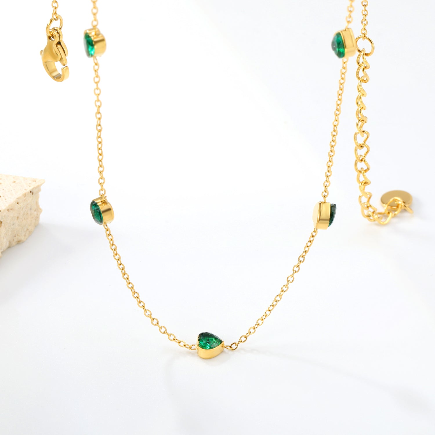 4.8mm Heart Emerald Zirconia Accessories 0.3 Cross Chain*40+5cm+6mm Round Plaque Necklace Gold asonjewelry