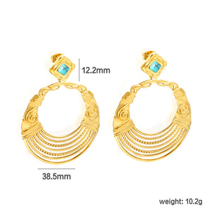 12.2mm Rhombus with Turquoise + 38.5mm Textured Circle Earrings Gold Color