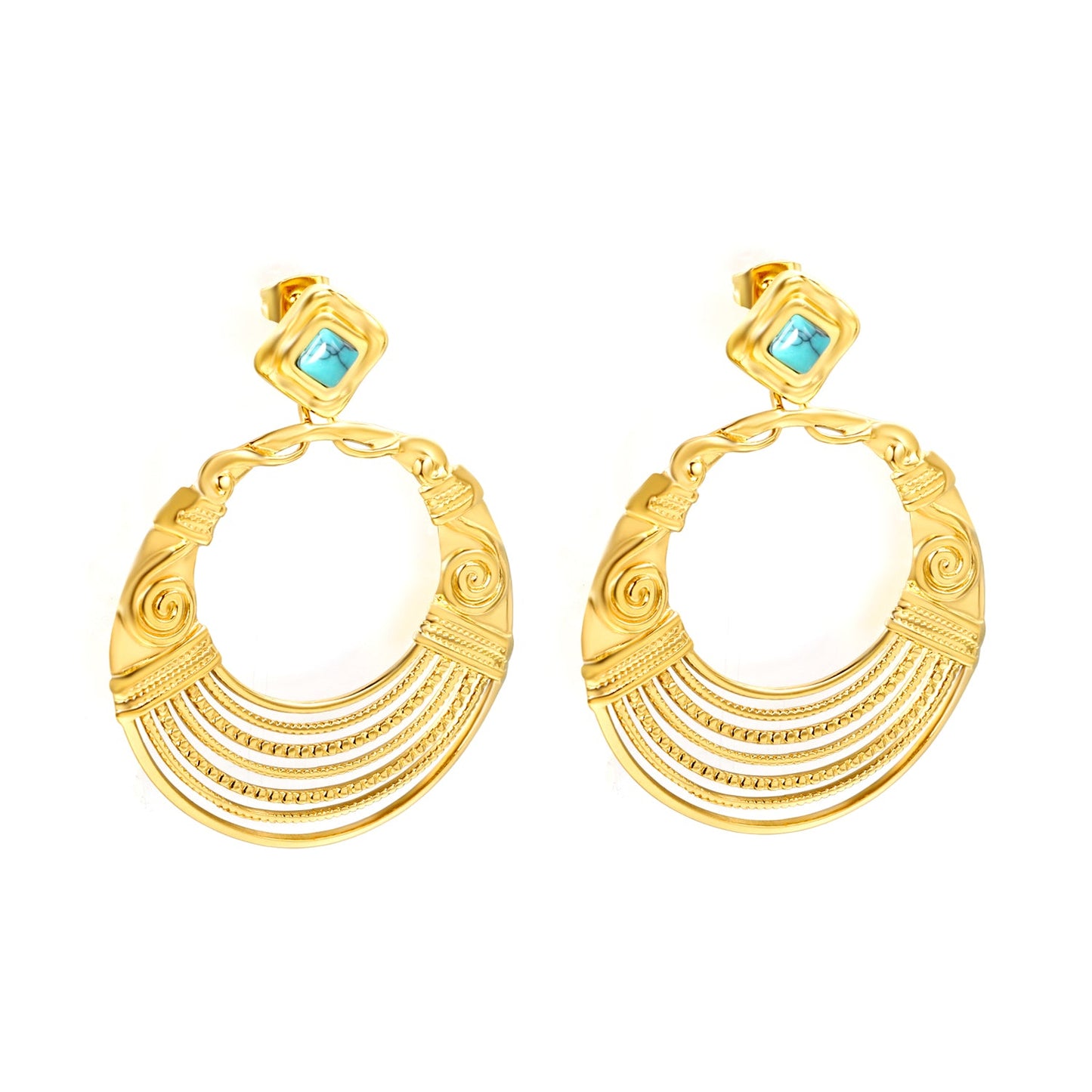 12.2mm Rhombus with Turquoise + 38.5mm Textured Circle Earrings Gold Color asonjewelry