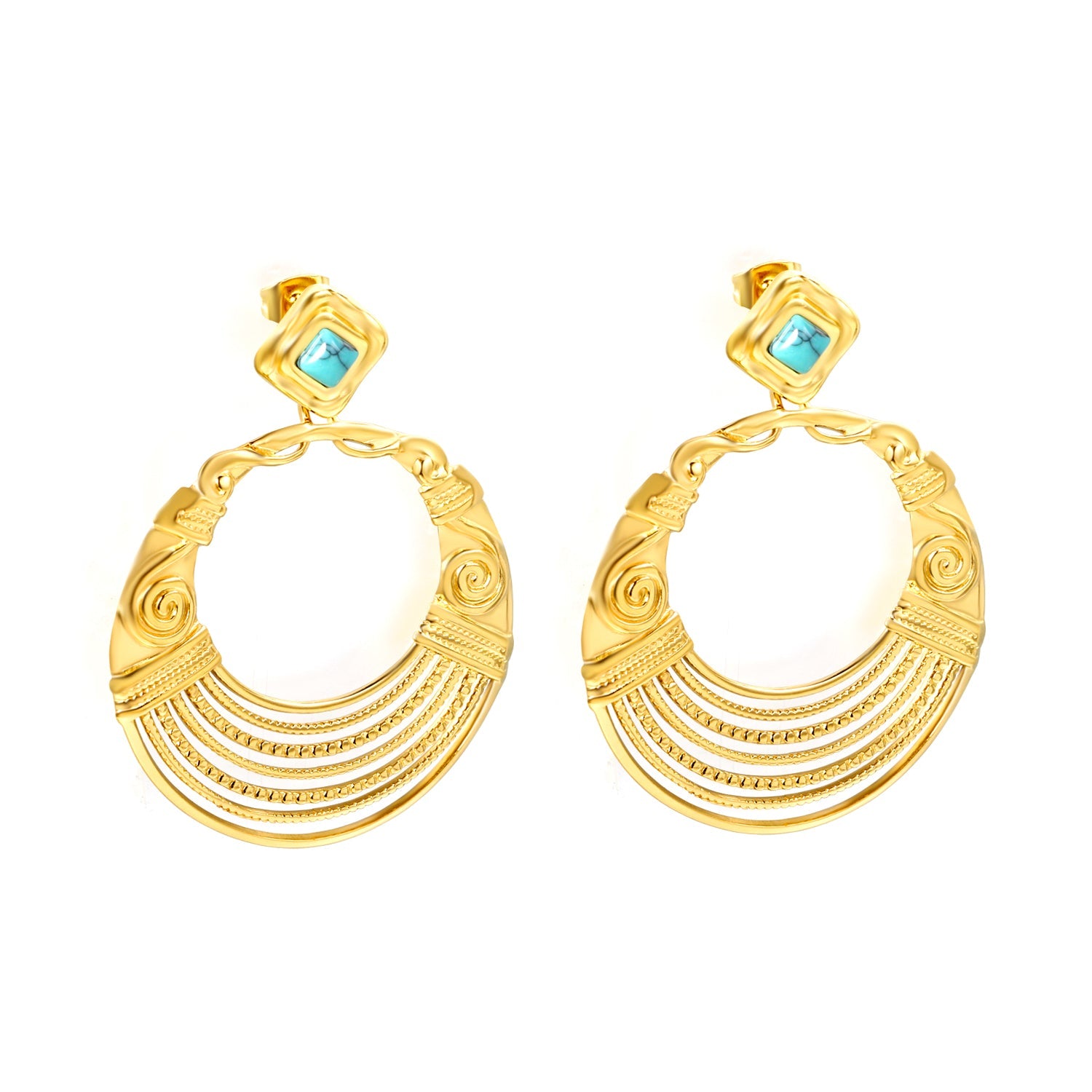 12.2mm Rhombus with Turquoise + 38.5mm Textured Circle Earrings Gold Color asonjewelry