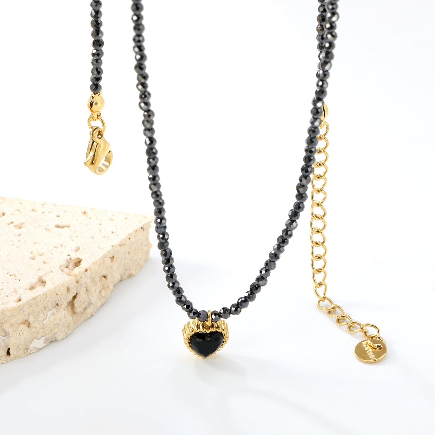 8.5*8.6mm Bead Edge Heart Shape Sticky White/Black/Purple/Red/Pink Zircon Pendant 2mm White Beads*40+5cm+6mm Round Plaque Necklace Gold Color asonjewelry