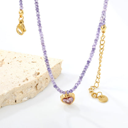 8.5*8.6mm Bead Edge Heart Shape Sticky White/Black/Purple/Red/Pink Zircon Pendant 2mm White Beads*40+5cm+6mm Round Plaque Necklace Gold Color asonjewelry