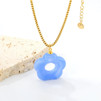 26.7mm Resin White/Red/Blue/Yellow/Coffee/Pink/Peacock Blue/Peacock Green Wreath Pendant 2.0 Square Pearl Chain*40+5cm+6mm Round Plaque Necklace GOLDEN asonjewelry