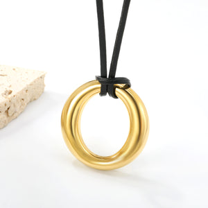 35mm Hollow Circle Pendant 45+5cm+6mm Round Plaque Leather Strap Necklace Steel/Gold