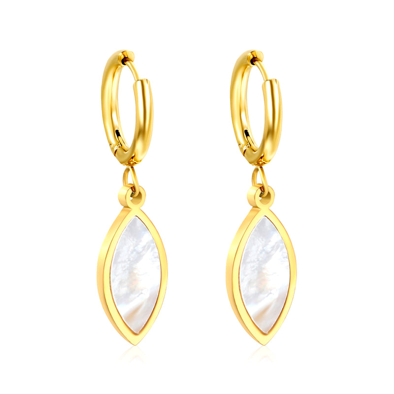 2*10mm I.D. Circle with 9*20mm Leaf Shaped White Shell Earrings Steel/Golden