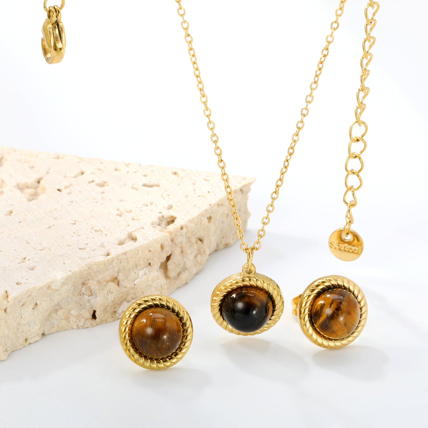 Tiger's Eye Set Gold-colored earrings:11.6mm Pendant:11.6mm 0.3 cross chain*40+5cm+6mm round plaque asonjewelry