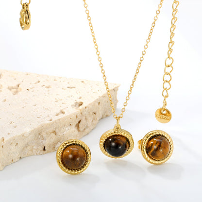 Tiger's Eye Set Gold-colored earrings:11.6mm Pendant:11.6mm 0.3 cross chain*40+5cm+6mm round plaque asonjewelry