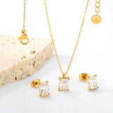 Rectangular White Zircon Set Gold/Steel Earrings: 5*7mm Pendant: 5*7mm 0.3mm Cross Chain 40+5cm + 6mm Round Tag
