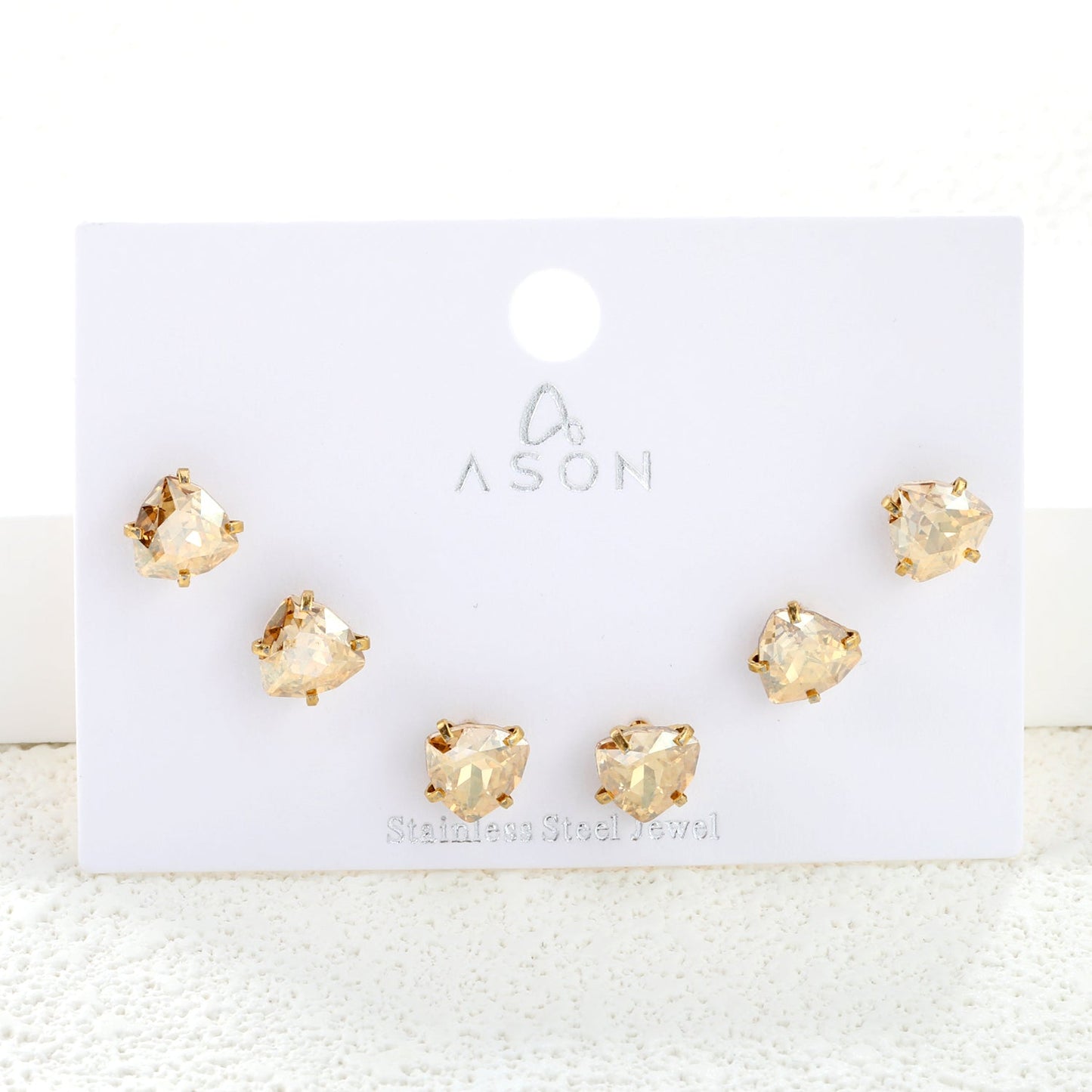 3 pairs of white/mineral black/red/light pink/champagne color 7mm equilateral triangle diamond earrings set Gold color asonjewelry