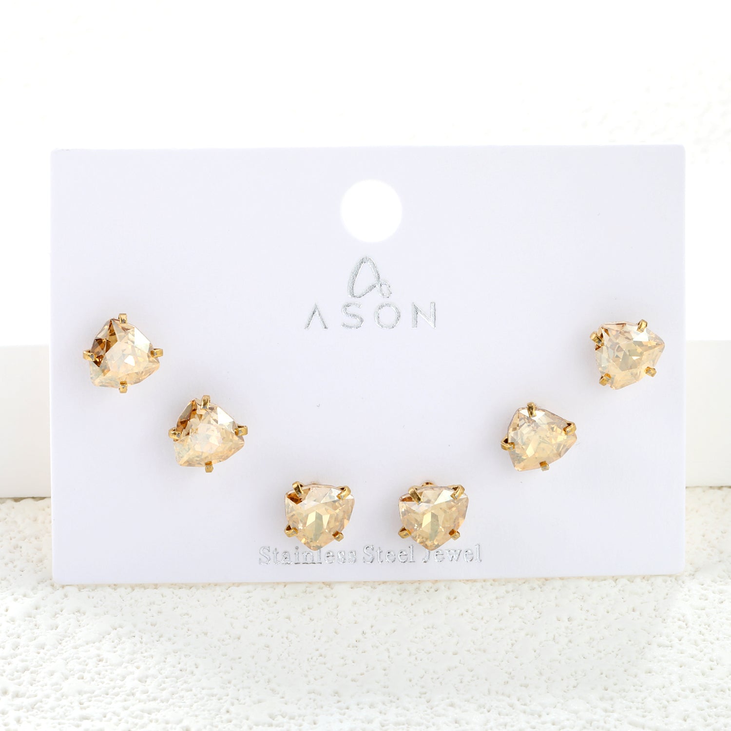 3 pairs of white/mineral black/red/light pink/champagne color 7mm equilateral triangle diamond earrings set Gold color asonjewelry