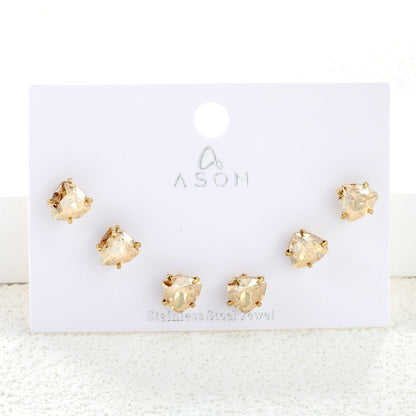 3 pairs of white/mineral black/red/light pink/champagne color 7mm equilateral triangle diamond earrings set Gold color asonjewelry