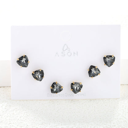 3 pairs of white/mineral black/red/light pink/champagne color 7mm equilateral triangle diamond earrings set Gold color asonjewelry