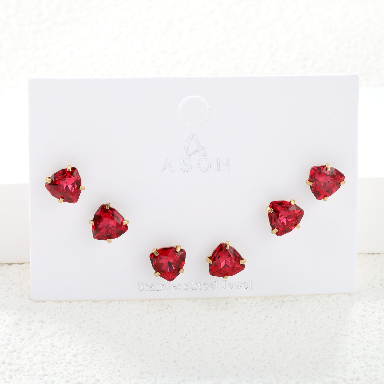 3 pairs of white/mineral black/red/light pink/champagne color 7mm equilateral triangle diamond earrings set Gold color asonjewelry