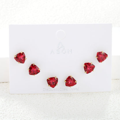 3 pairs of white/mineral black/red/light pink/champagne color 7mm equilateral triangle diamond earrings set Gold color asonjewelry