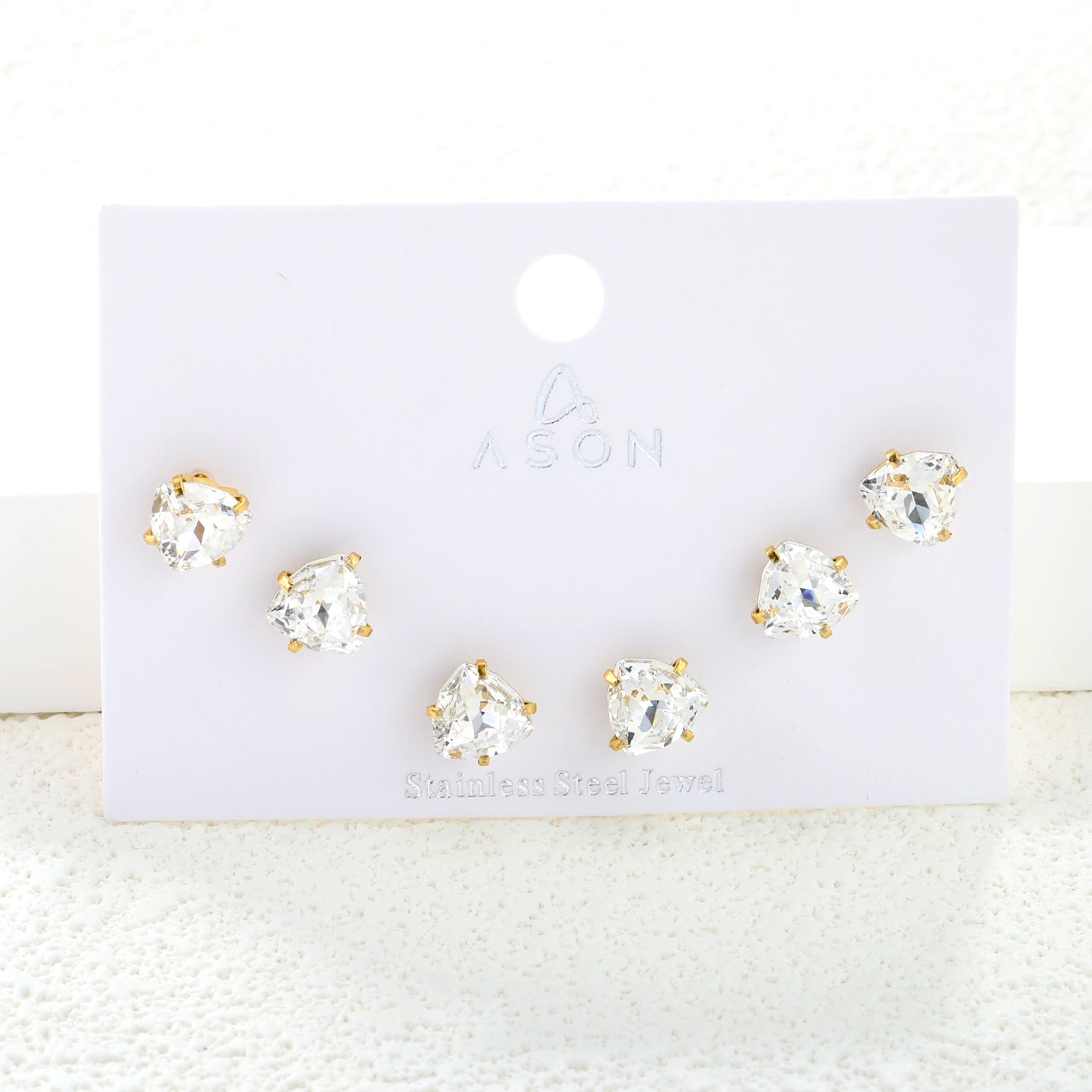 3 pairs of white/mineral black/red/light pink/champagne color 7mm equilateral triangle diamond earrings set Gold color asonjewelry