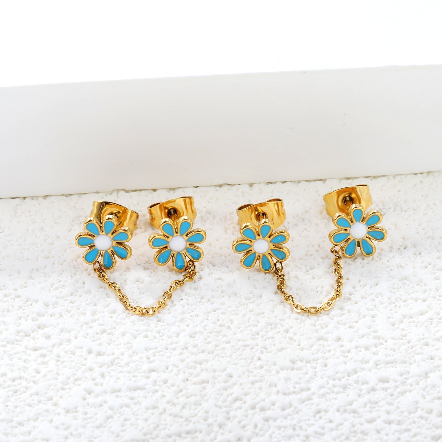 ¡°8mm six petal flower white/blue oil drops +03 cross chain 30mm accessories earrings gold color¡± asonjewelry