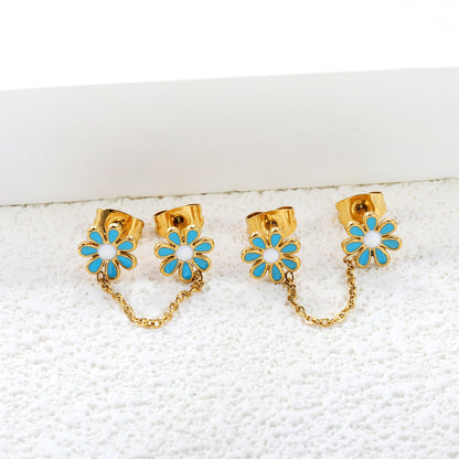 ¡°8mm six petal flower white/blue oil drops +03 cross chain 30mm accessories earrings gold color¡± asonjewelry