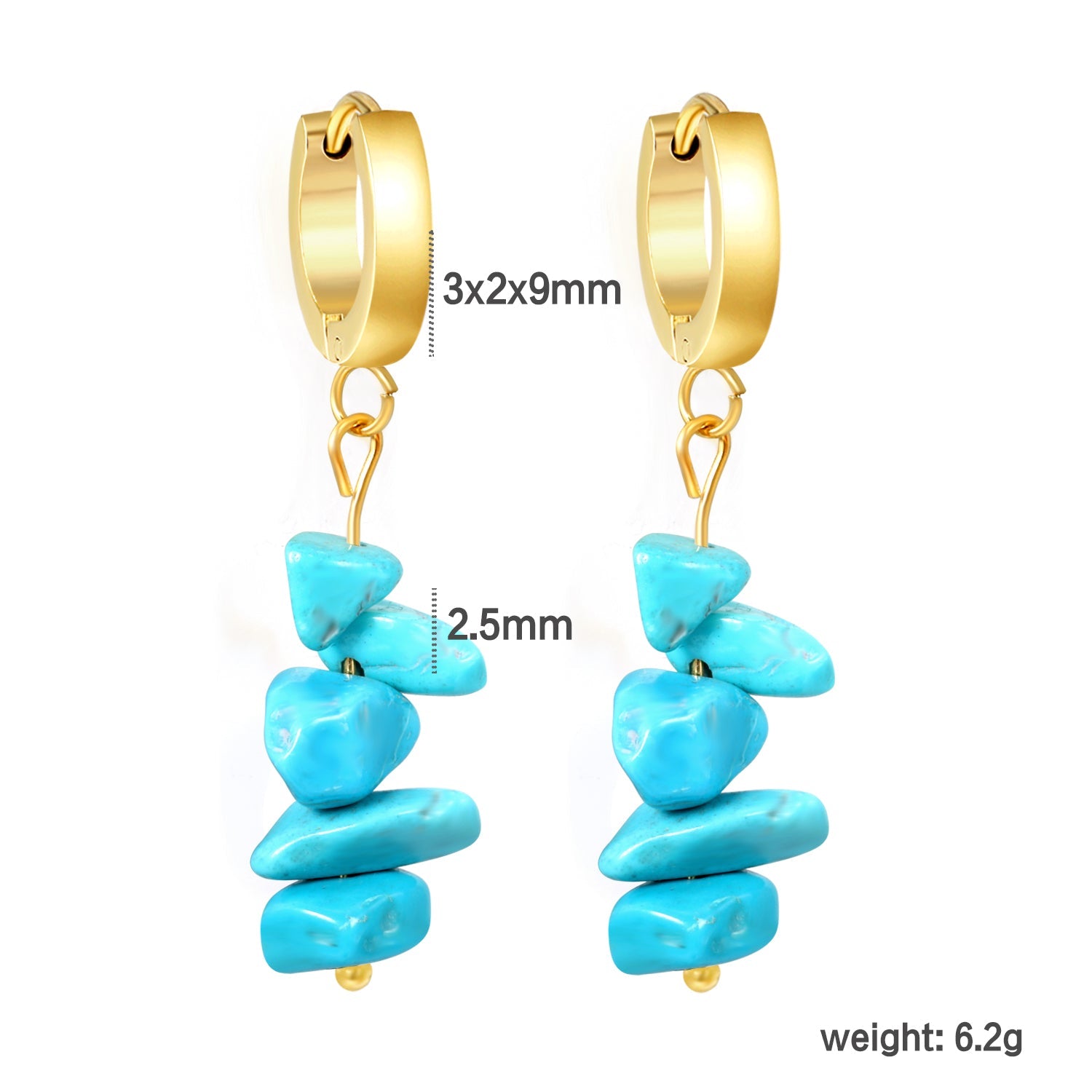 W3*Thick2*ID9mm Spherical Earrings + 2.5cm Imitation Turquoise/White Turquoise/Light Amethyst/Amethyst/Pink Crystals/Larimarite Earrings Gold Color asonjewelry