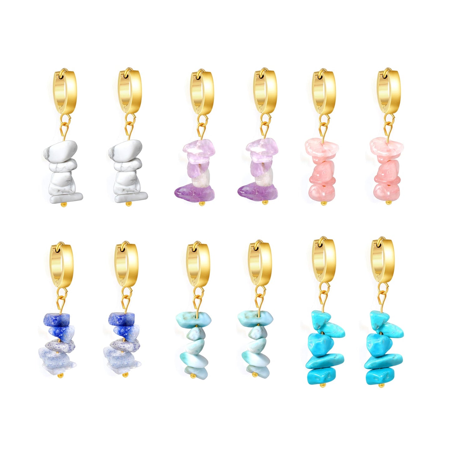 W3*Thick2*ID9mm Spherical Earrings + 2.5cm Imitation Turquoise/White Turquoise/Light Amethyst/Amethyst/Pink Crystals/Larimarite Earrings Gold Color asonjewelry