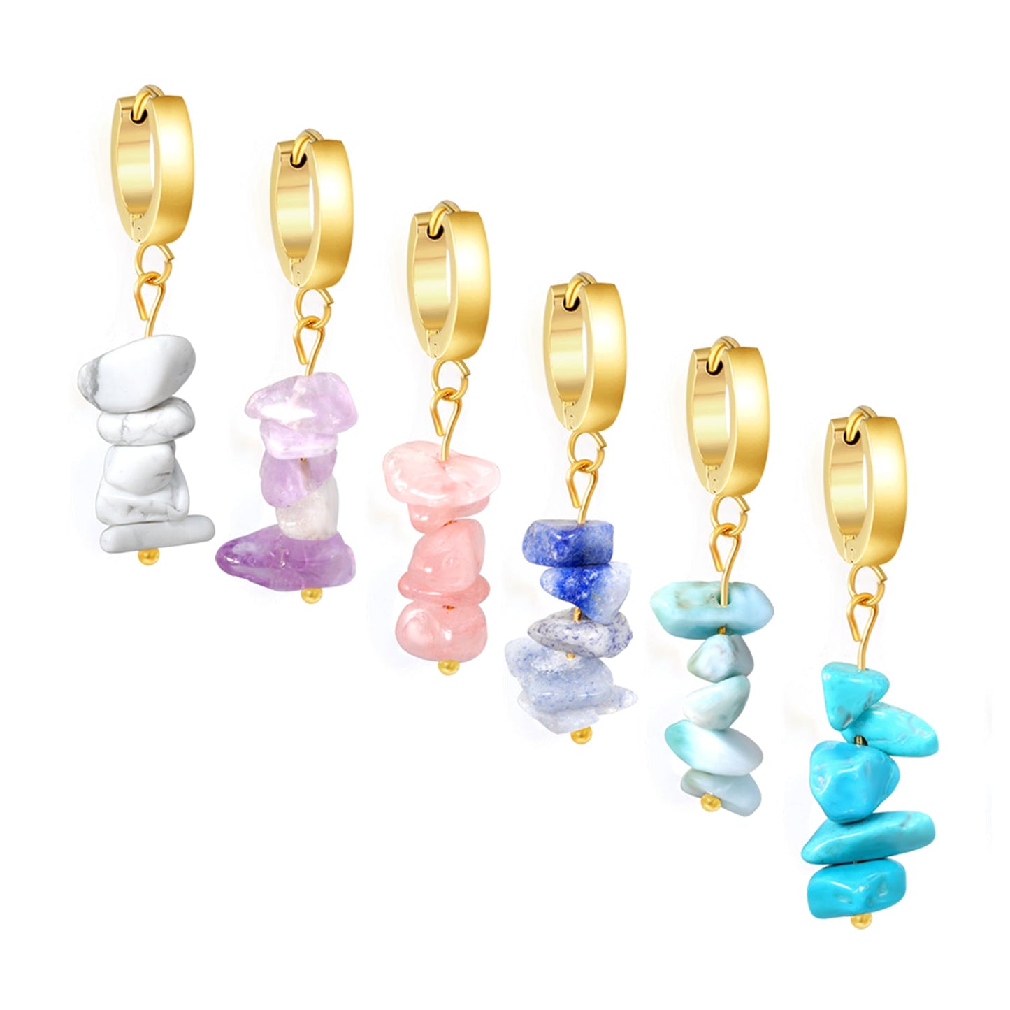 W3*Thick2*ID9mm Spherical Earrings + 2.5cm Imitation Turquoise/White Turquoise/Light Amethyst/Amethyst/Pink Crystals/Larimarite Earrings Gold Color asonjewelry