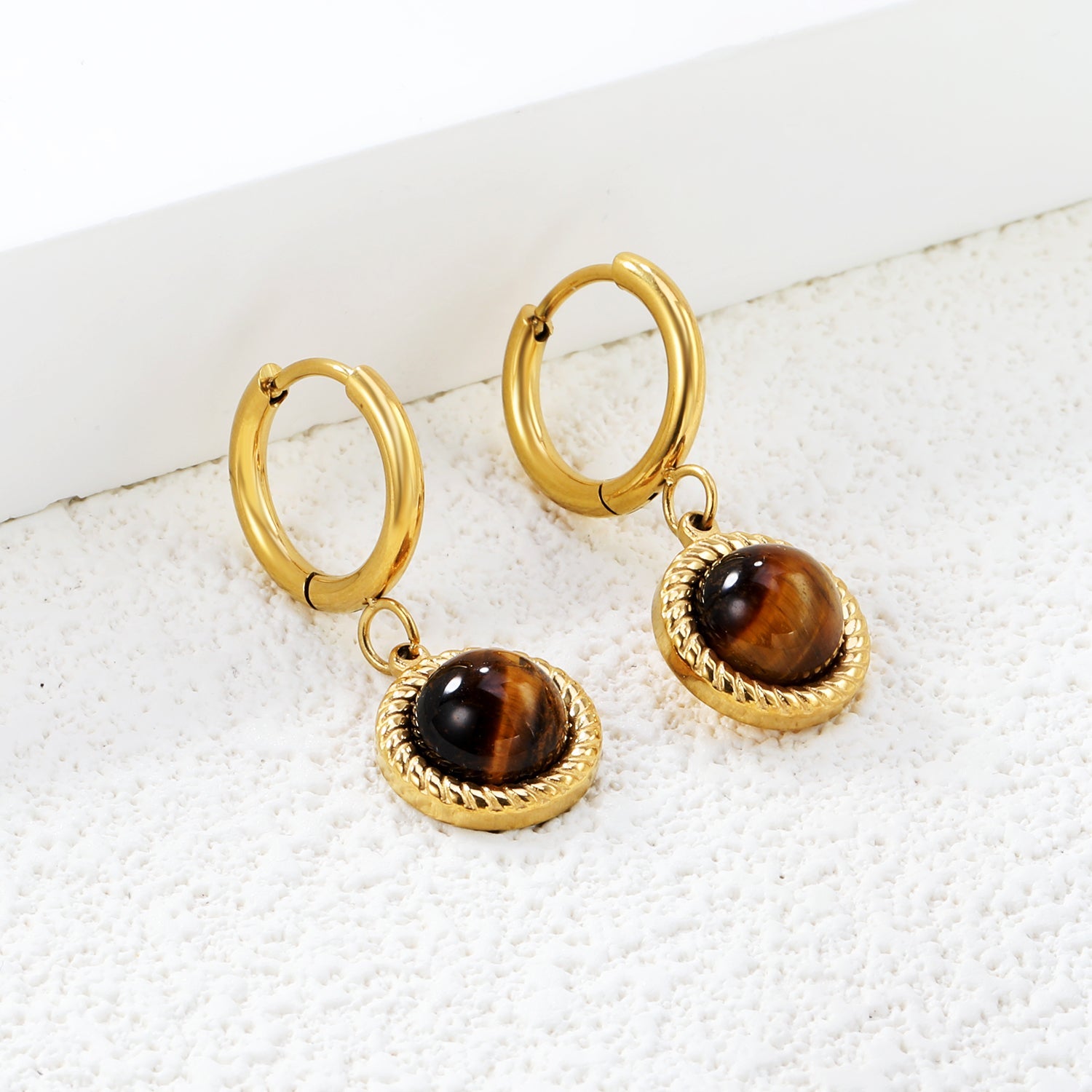 2*10mm I.D. earrings+11.6mm round twisted edge with half tiger's eye/half white pearl earrings gold/steel color asonjewelry