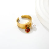 9.4mm high butterfly / freshwater pearl + seven-spotted ladybug open ring in gold #7