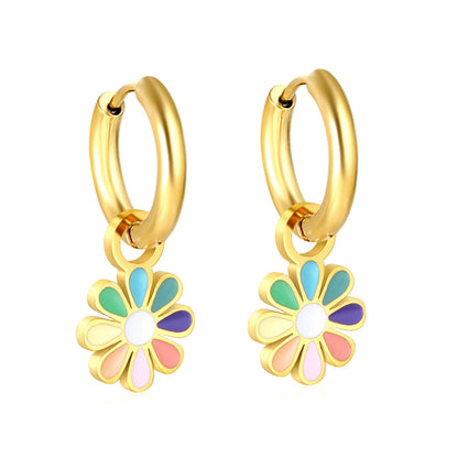 2*10mm circle + 9.4*13mm eight petal flower with colorful oil drop earrings in steel/golden color asonjewelry