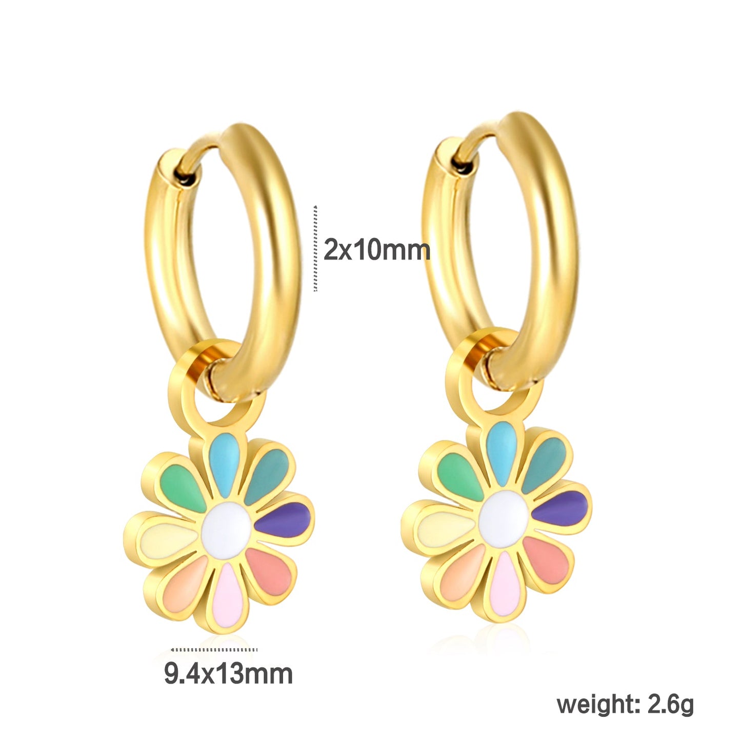 2*10mm circle + 9.4*13mm eight petal flower with colorful oil drop earrings in steel/golden color asonjewelry