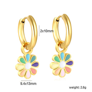 2*10mm circle + 9.4*13mm eight petal flower with colorful oil drop earrings in steel/golden color