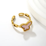 10.7mm high butterfly-shaped agate/crimson acrylic/white shell/black acrylic/pink shell open ring in gold #7