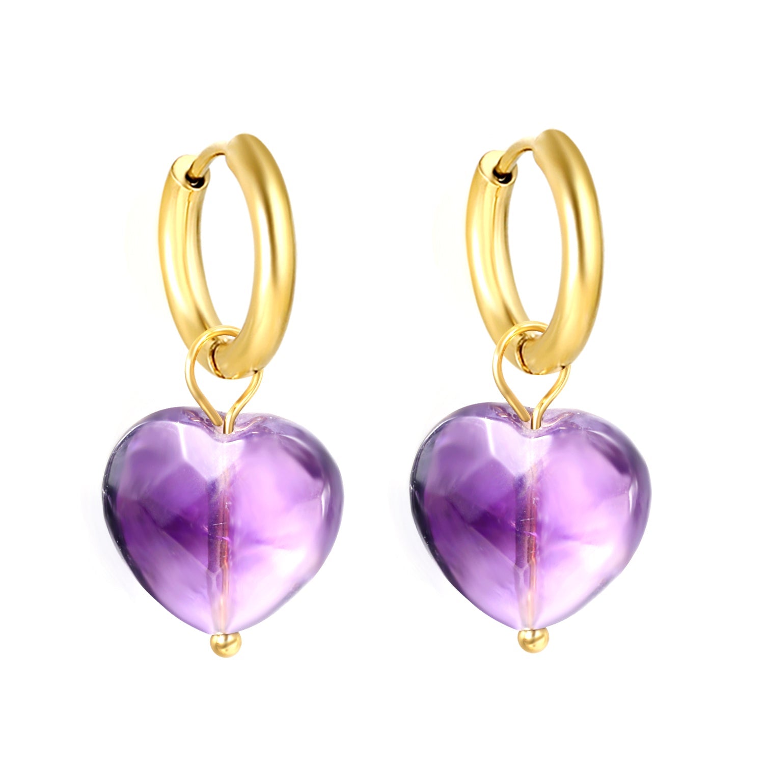 2*10mm inner diameter earrings + 15mm heart shape imitation amethyst stone earrings Gold color asonjewelry