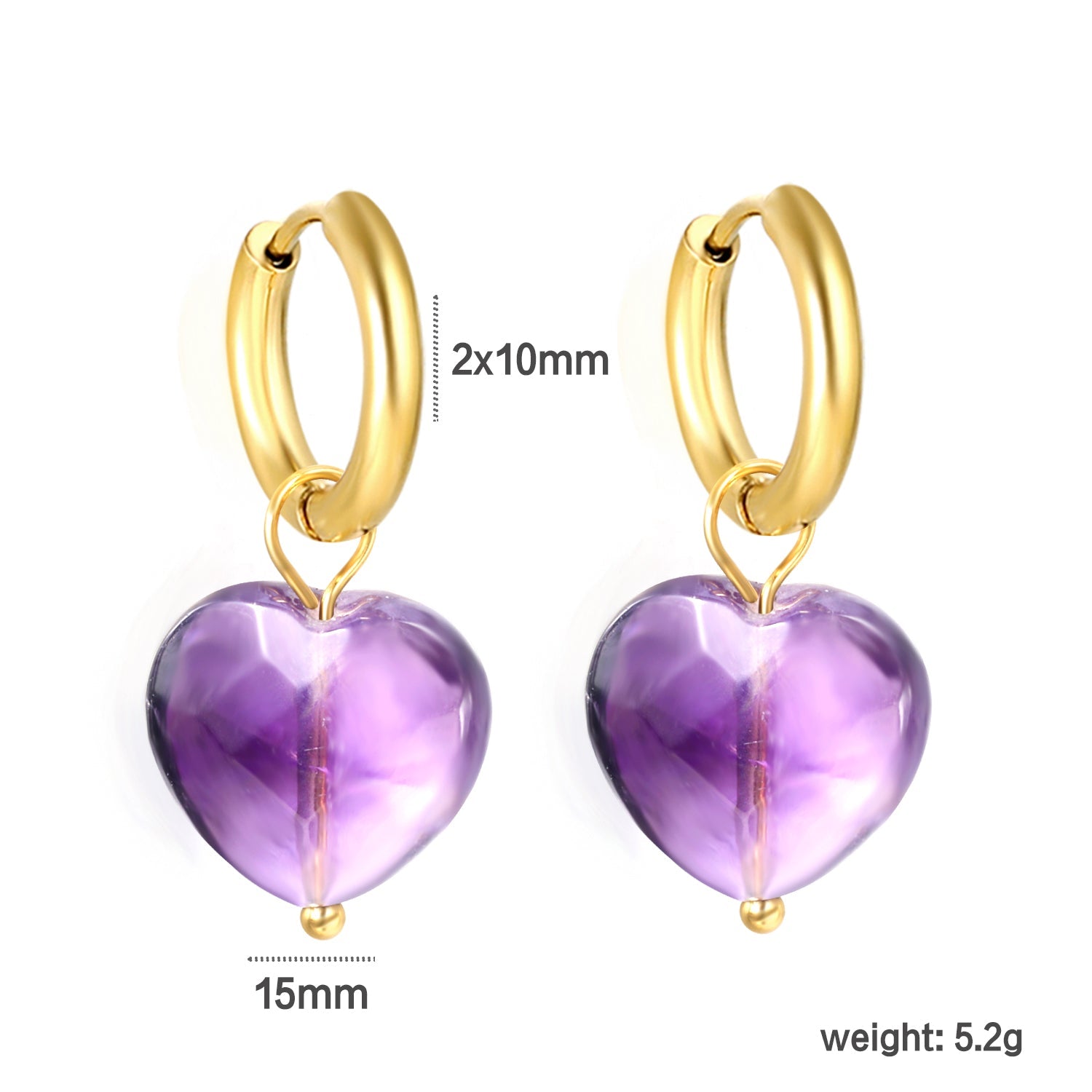 2*10mm inner diameter earrings + 15mm heart shape imitation amethyst stone earrings Gold color asonjewelry