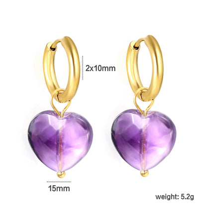 2*10mm inner diameter earrings + 15mm heart shape imitation amethyst stone earrings Gold color asonjewelry