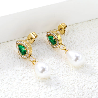 8.6*10.8mm teardrop shaped emerald green glass + CNC set white zirconium ring + 8.5*12mm teardrop shaped white imitation pearl fittings Earrings gold color asonjewelry