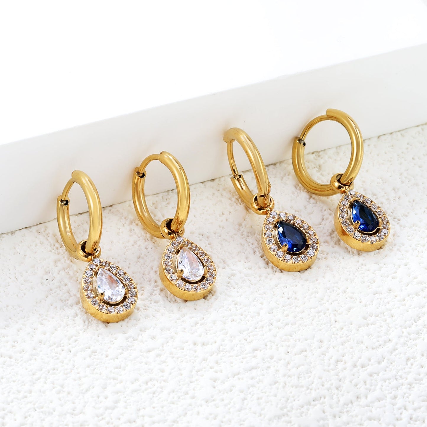 Wire 2*O.D. 14mm earrings + 8.6*10.8mm drop-shaped white zirconia/emerald green glass + CNC drilling white zirconium hoop fittings Gold color asonjewelry