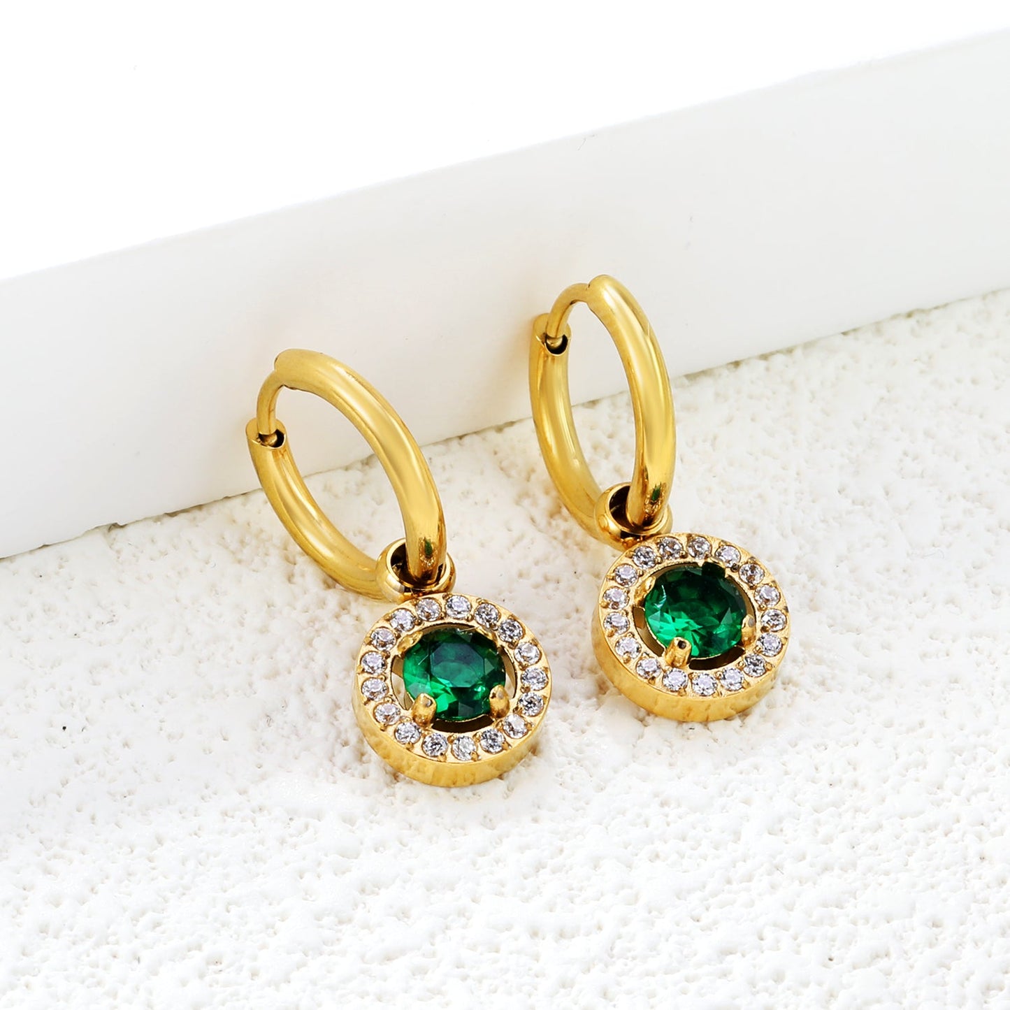 Wire 2*14mm O.D. earrings + 9.7mm round pink zirconia/emerald green glass + CNC drilling white zirconium hoop fittings Gold color asonjewelry