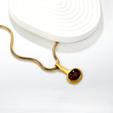 22*34.45mm French oval natural tiger-eye stone pendant, 3mm round snake, 40+5cm+6mm round tail tag, necklace, gold