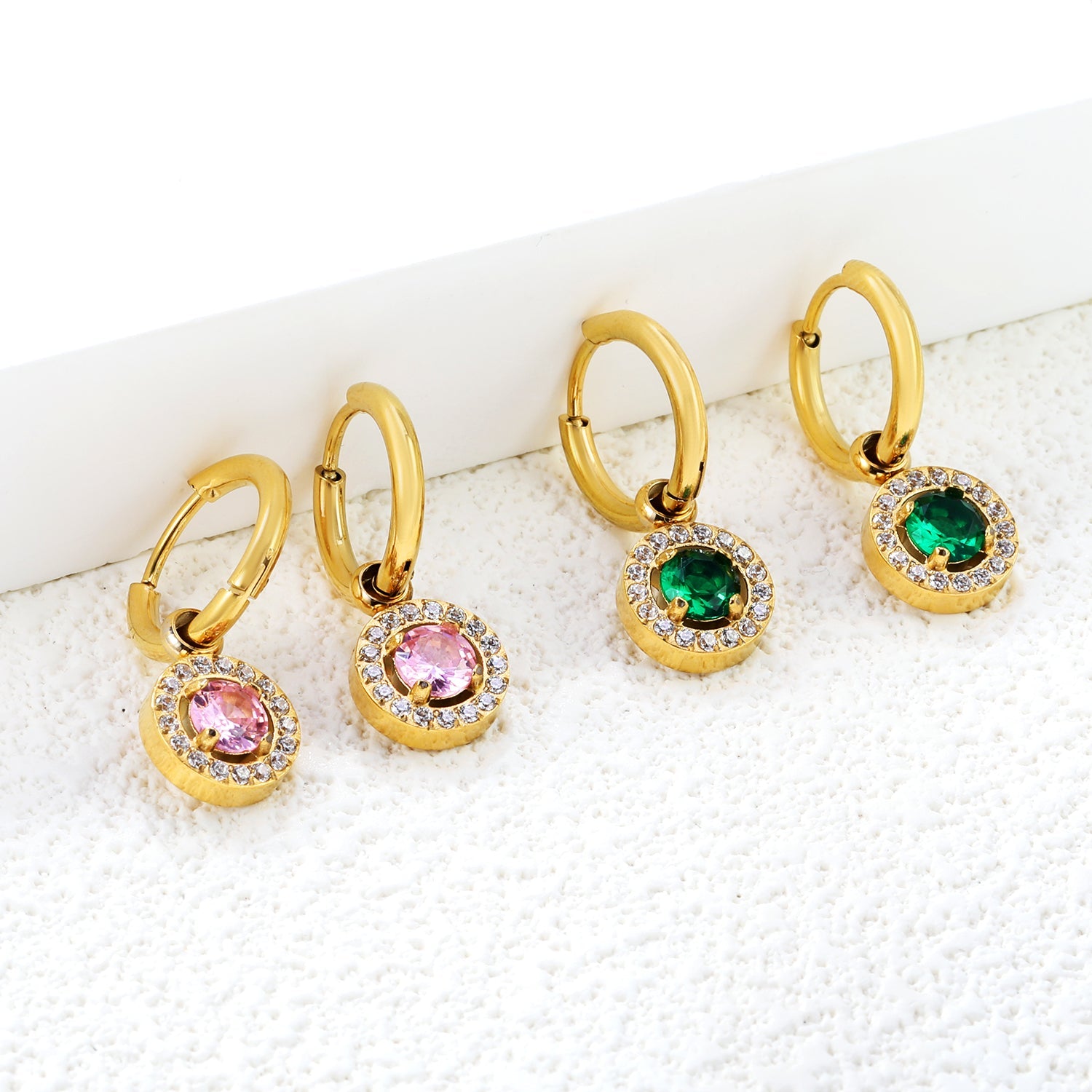 Wire 2*14mm O.D. earrings + 9.7mm round pink zirconia/emerald green glass + CNC drilling white zirconium hoop fittings Gold color asonjewelry