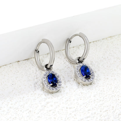 Wire 2*14mm O.D. earrings + 8.4*10.2mm oval blue glass + CNC drilling white zirconium hoop fittings earrings steel color asonjewelry