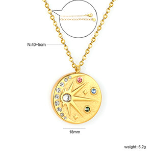 18mm eight-pointed star with colored diamonds 0.3 cross chain 40+5cm+6mm round pendant necklace, gold
