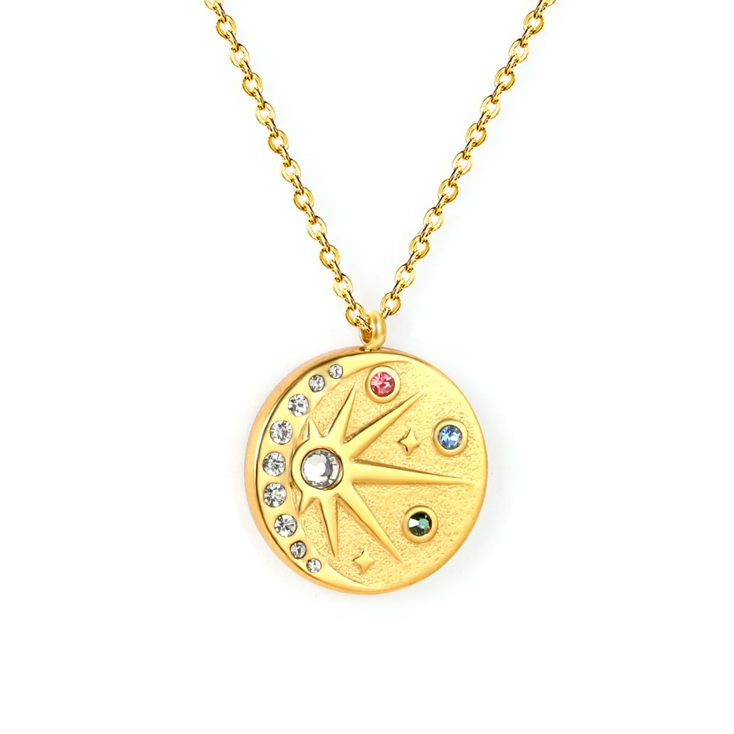 18mm eight-pointed star with colored diamonds 0.3 cross chain 40+5cm+6mm round pendant necklace, gold asonjewelry