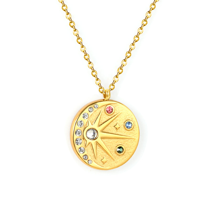18mm eight-pointed star with colored diamonds 0.3 cross chain 40+5cm+6mm round pendant necklace, gold