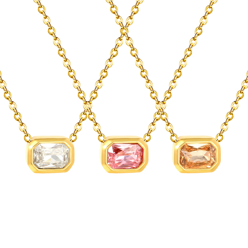 10*7mm white/pink/champagne zirconia 0.35 cross chain 40+5cm+6mm round pendant necklace gold