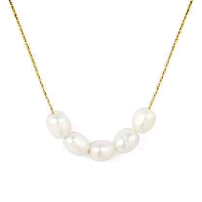 6*7mm 5 freshwater pearls 0.3 cross hammer round 40+5cm+6mm round pendant necklace, gold asonjewelry