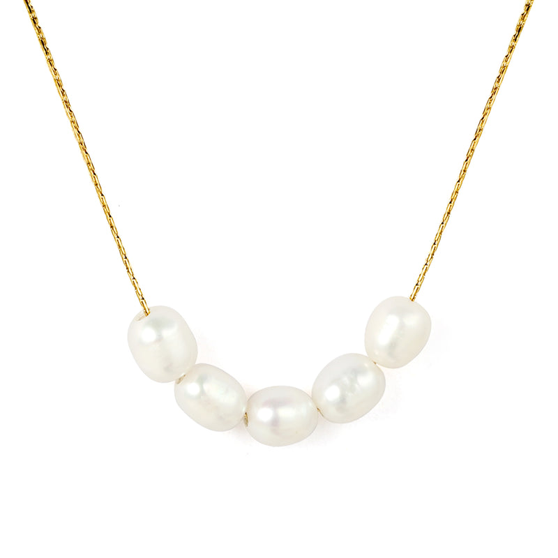 6*7mm 5 freshwater pearls 0.3 cross hammer round 40+5cm+6mm round pendant necklace, gold
