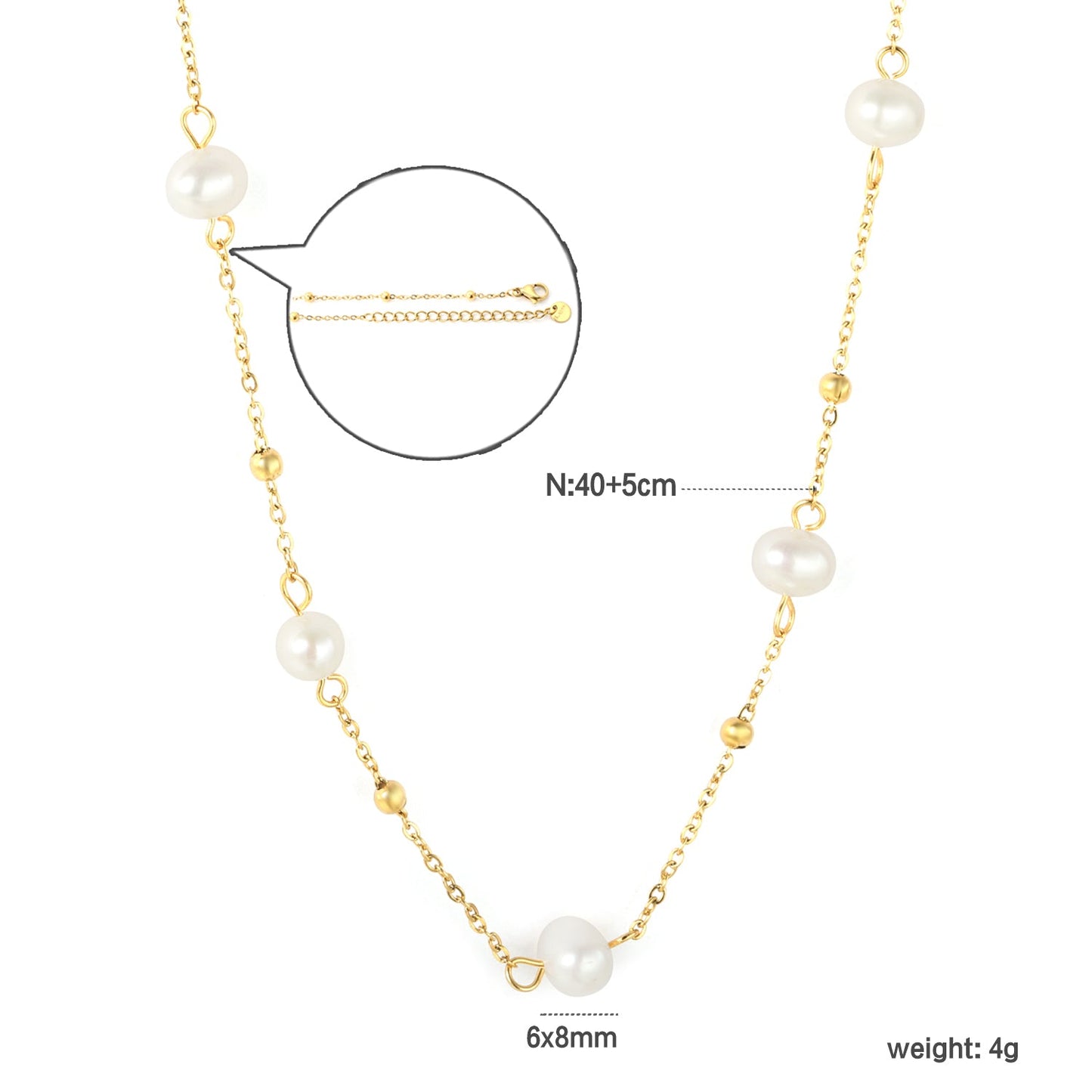 6x8mm Five Freshwater Pearls 0.35 Cross Bead Chain 40+5cm + 6mm Round Tail Tag Necklace Gold asonjewelry