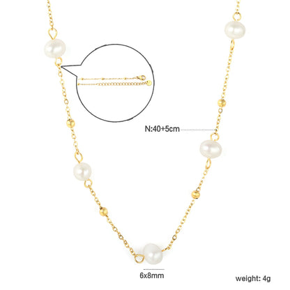 6x8mm Five Freshwater Pearls 0.35 Cross Bead Chain 40+5cm + 6mm Round Tail Tag Necklace Gold asonjewelry
